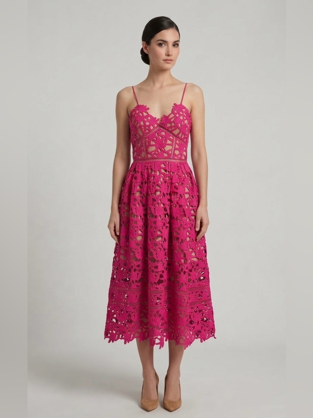 Self-Portrait Azaelea Flared Lace Midi Dress in Magenta (Size 6)